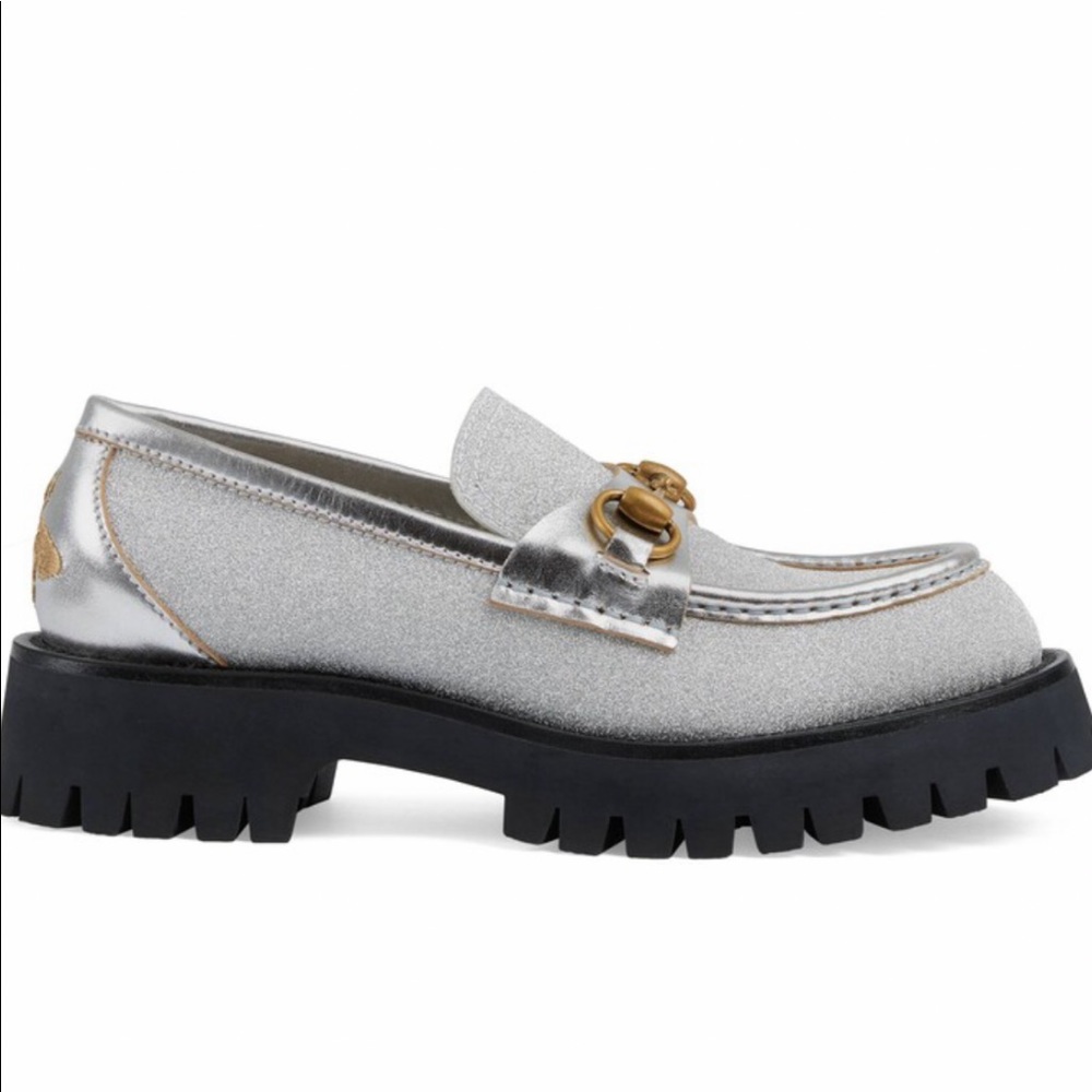 Gucci silver metallic lug sole loafers
